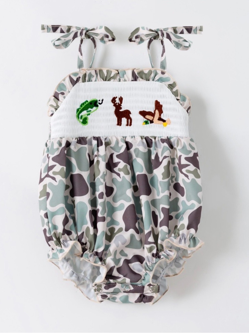 Girls Camouflage Smocked Bubble Romper